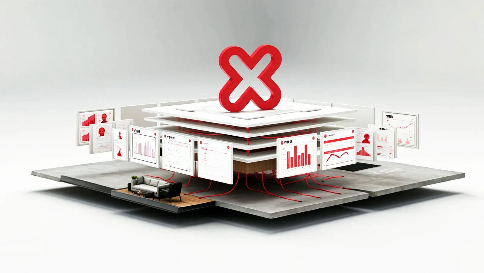 An isometric gym opened into its software layers, with the Superaxe mark standing above the stack